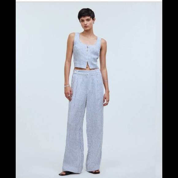 Madewell The Harlow Wide-Leg 100% Linen Coastal Sailor Striped Pants Sz 10 - Picture 1 of 13